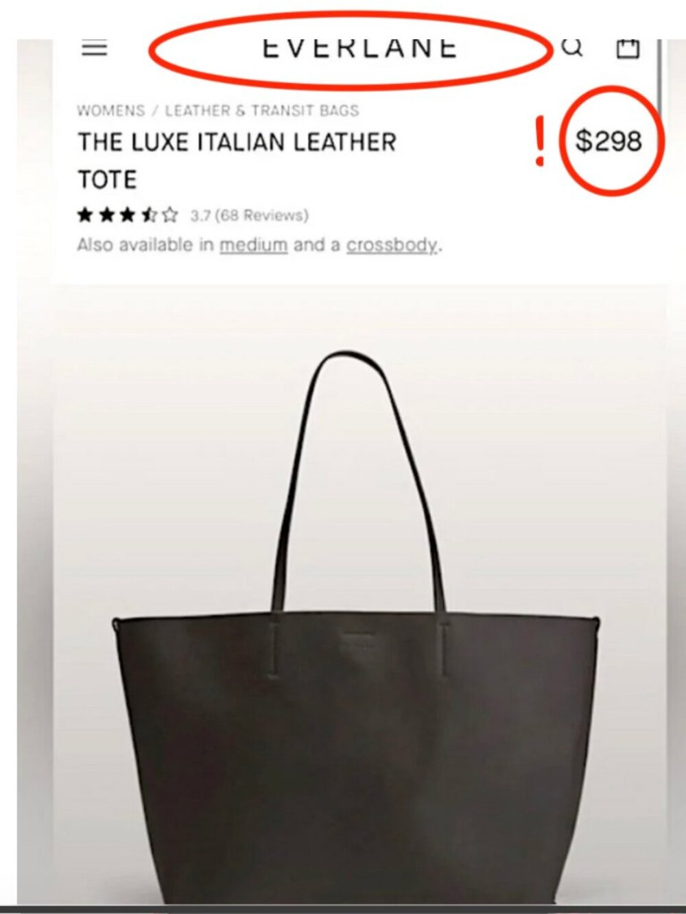 DISCOUNTED Everlane Luxe Italian Genuine Leather-TOTE BAG-Dark Brown-Looks BLACK